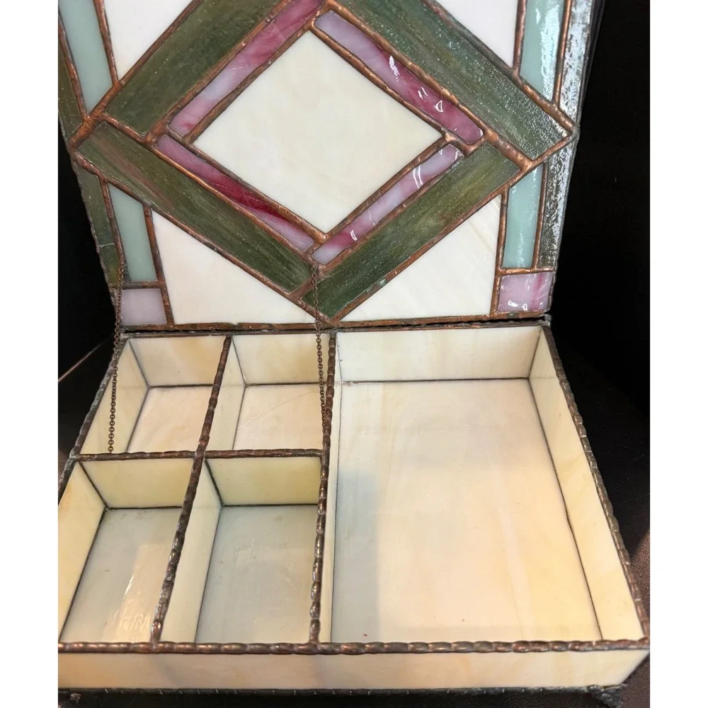 Handcrafted Large Jewelry Box Cream Green‎ Pink Stained Slag Glass Geometric